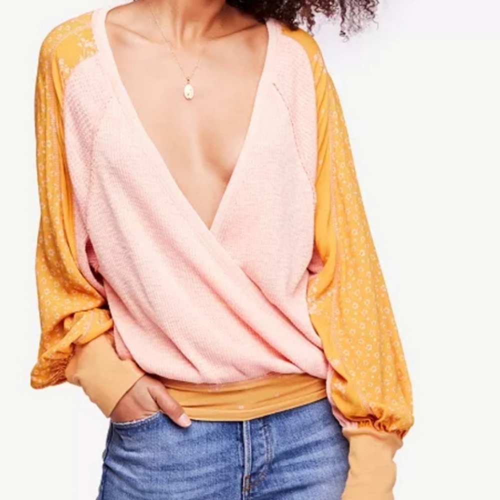 Free People Auxton Pink Thermal Mustard Floral Puffy Oversized Sleevs Size Large